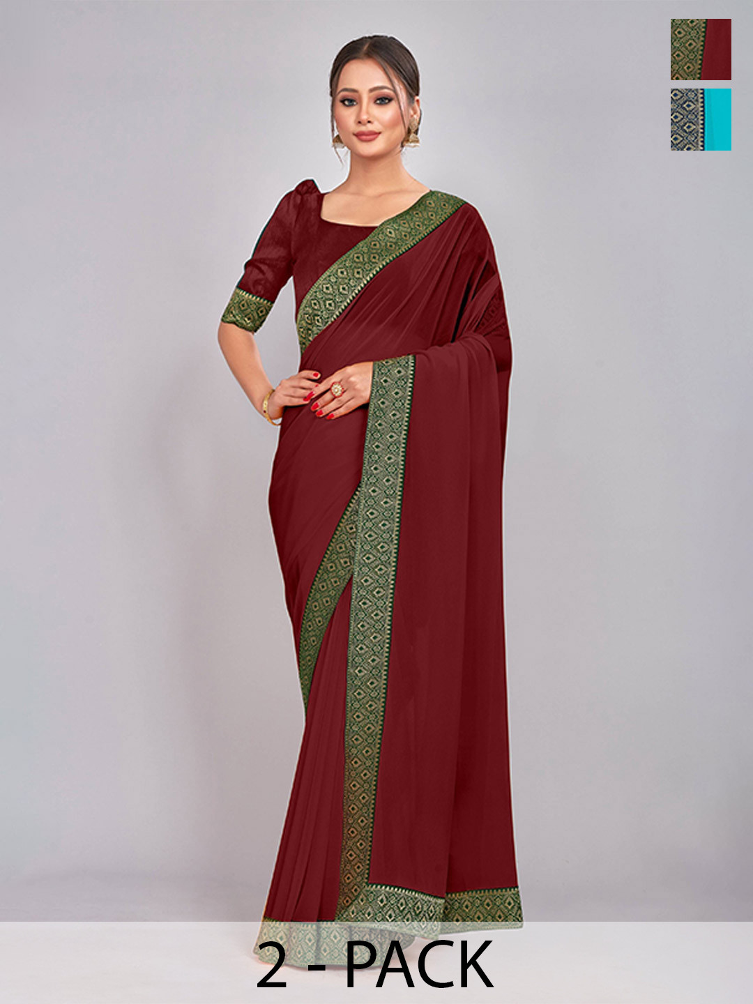 

CastilloFab Selection of 2 Pure Georgette Zari Lace Border Saree, Maroon