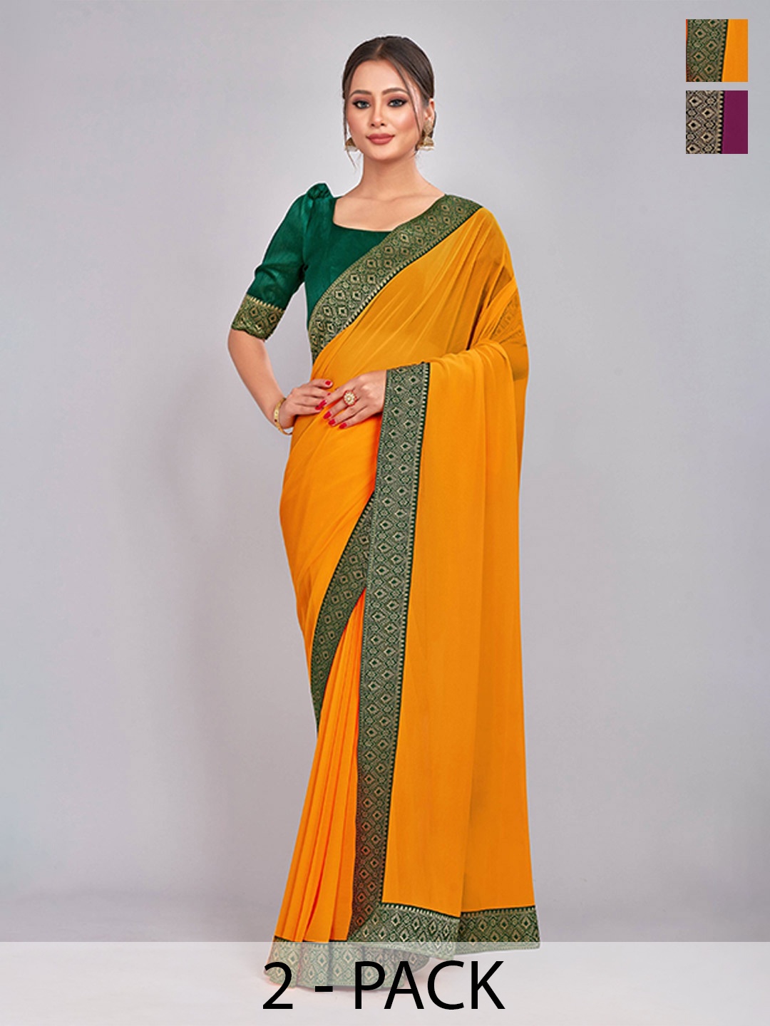 

CastilloFab Selection of 2 Pure Georgette Zari Lace Border Saree, Mustard