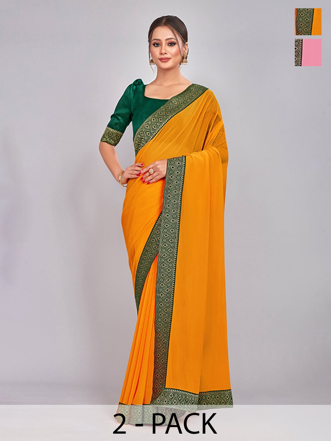 

CastilloFab Selection of 2 Pure Georgette Zari Lace Border Saree, Mustard