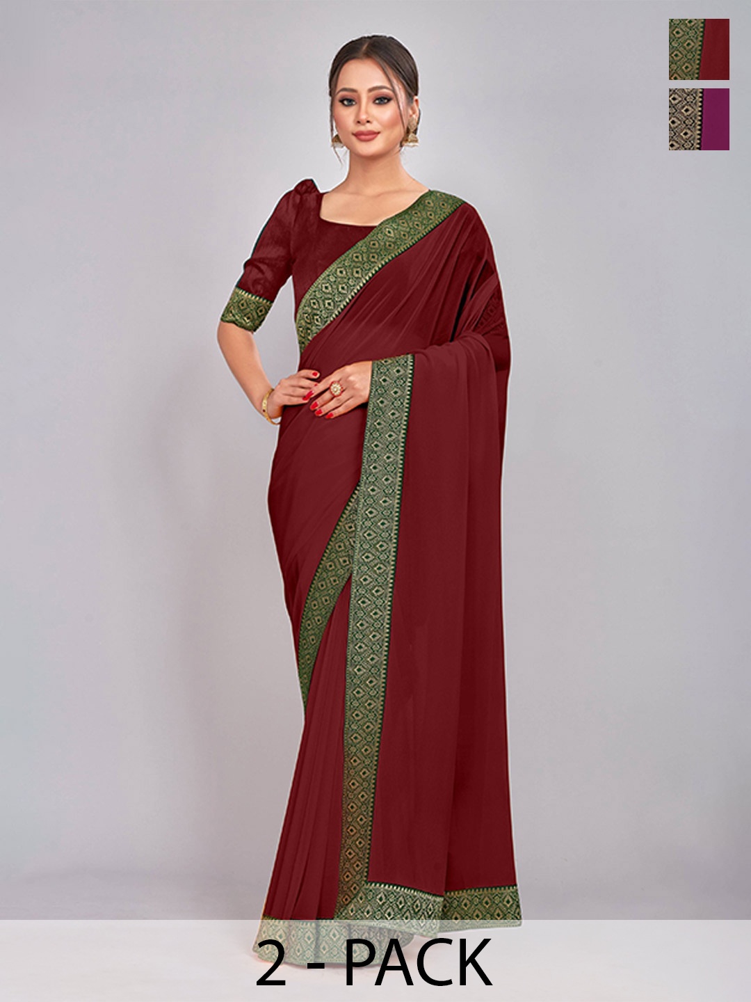 

CastilloFab Selection Of 2 Pure Georgette Lace Border Saree, Maroon