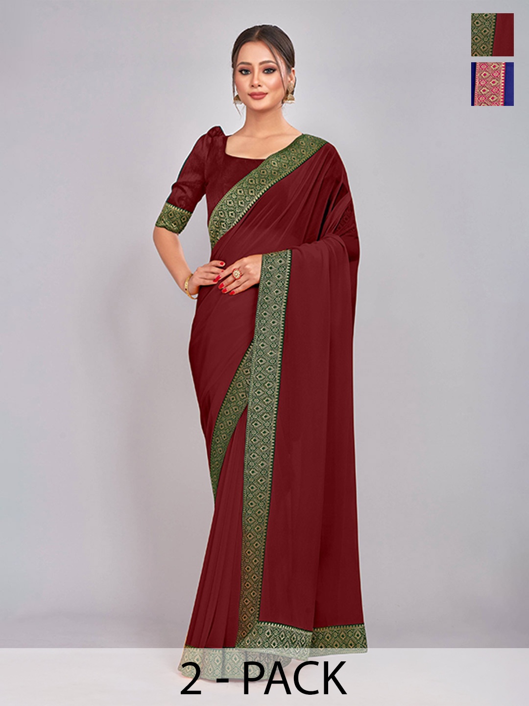 

CastilloFab Selection of 2 Pure Georgette Zari Lace Border Saree, Maroon