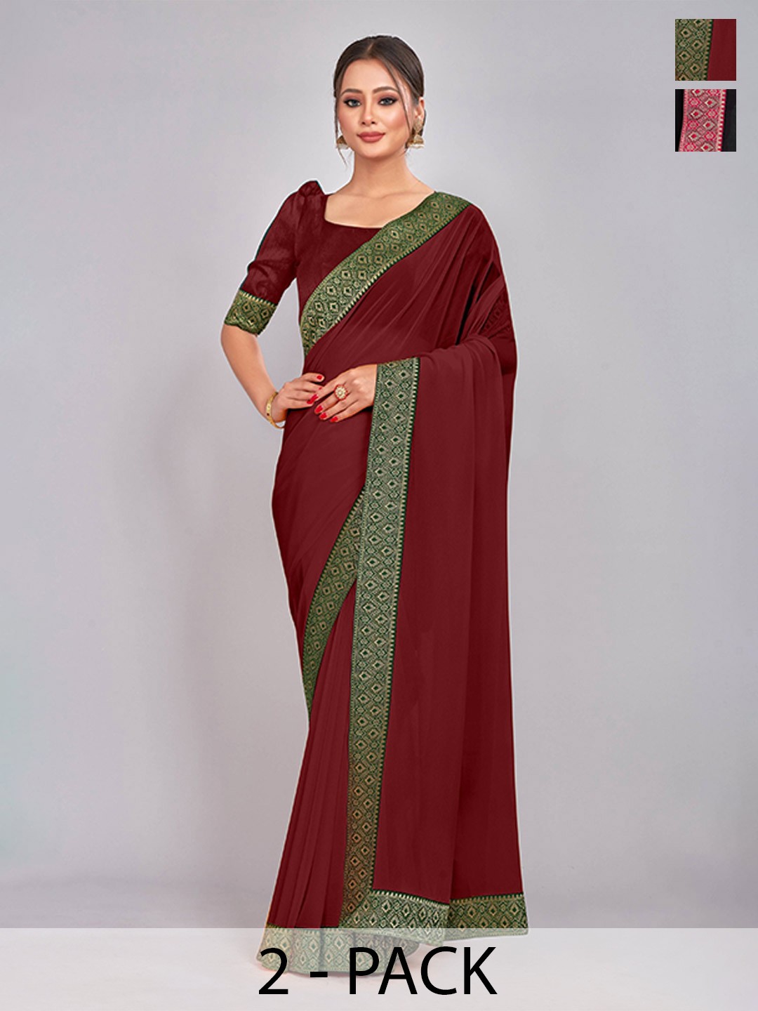 

CastilloFab Selection of 2 Pure Georgette Zari Lace Border Saree, Maroon