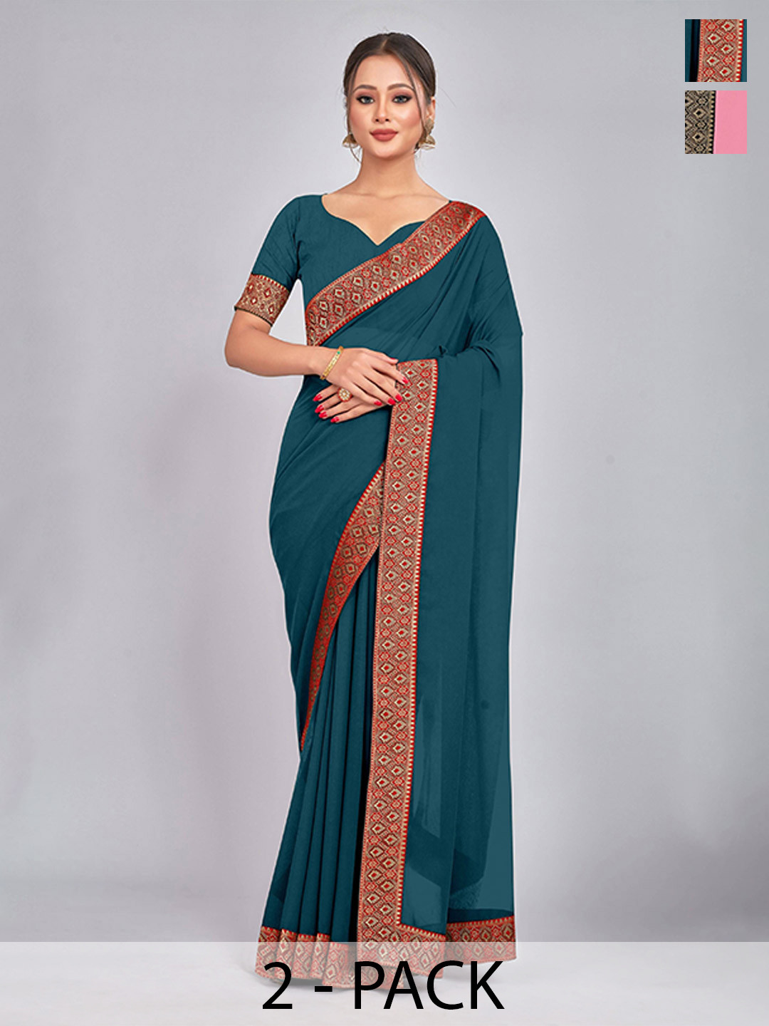 

CastilloFab Selection of 2 Zari Pure Georgette Lace Border Saree, Teal