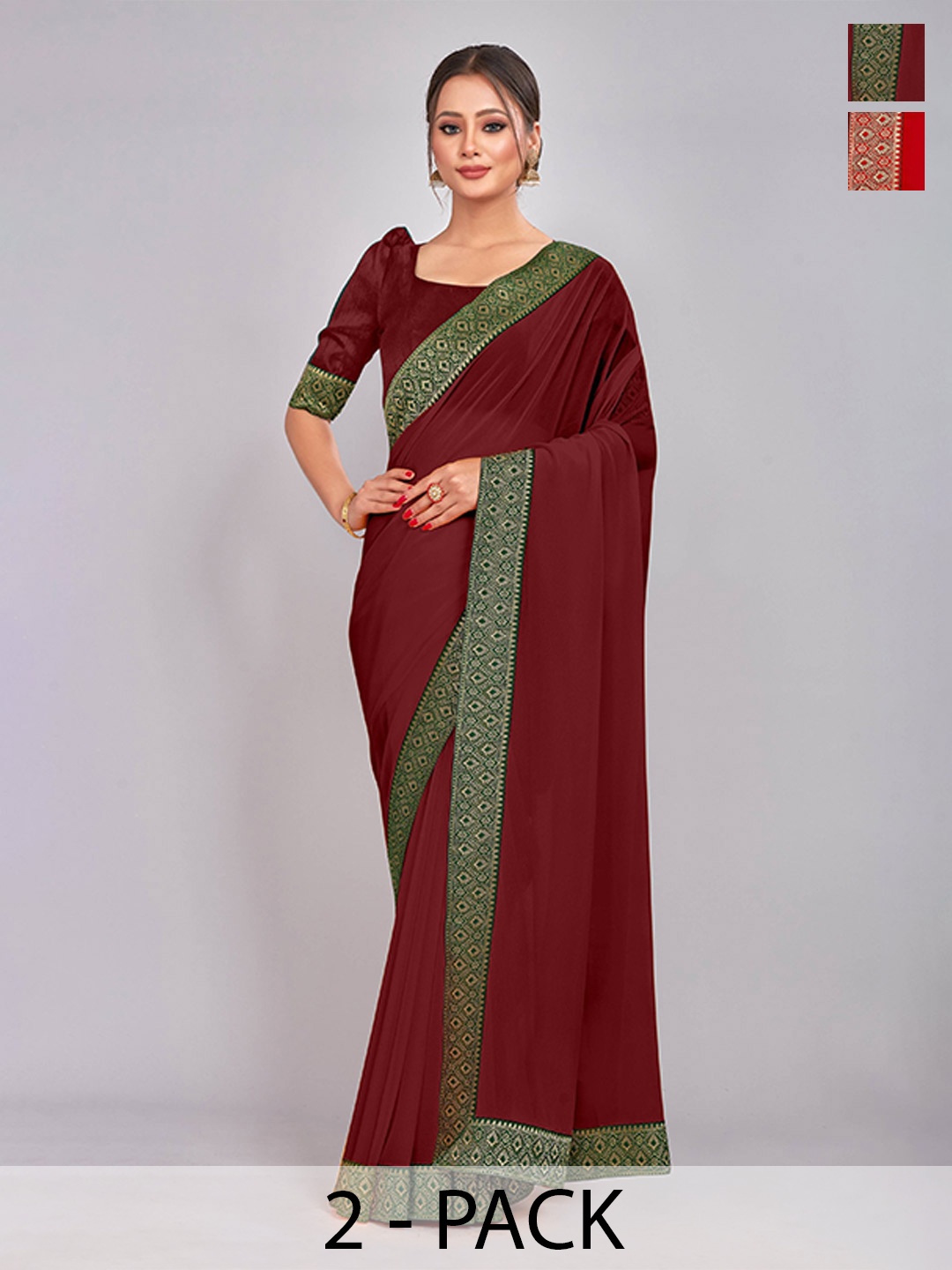 

CastilloFab Selection of 2 Pure Georgette Zari Lace Border Saree, Maroon