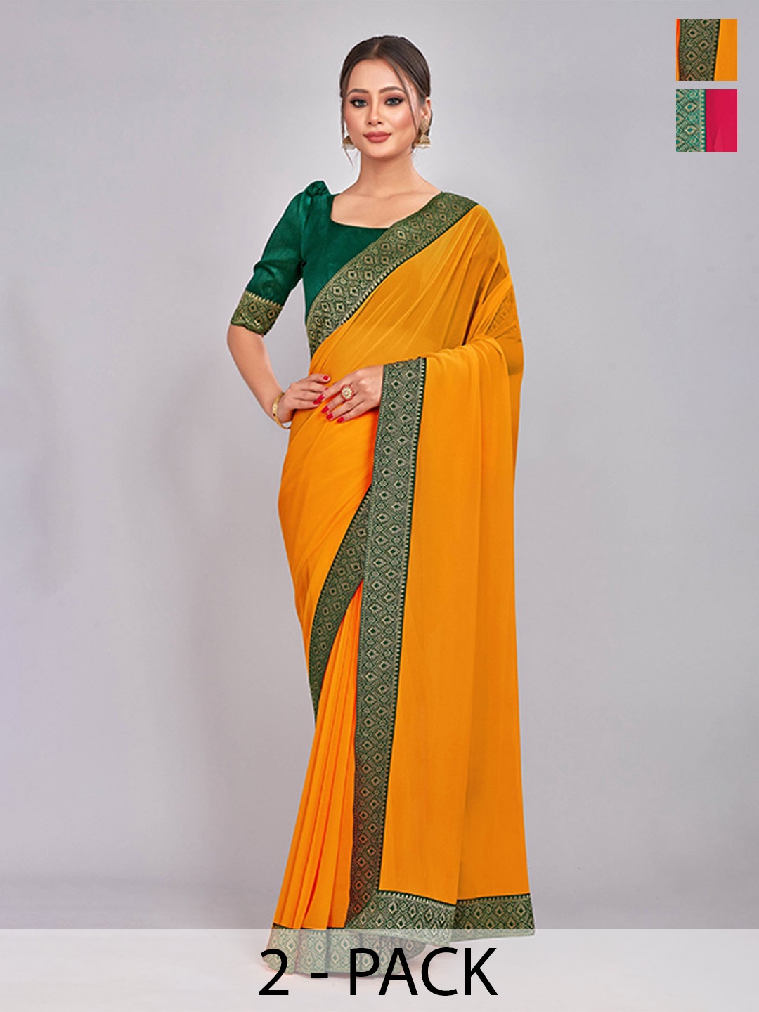

CastilloFab Selection Of 2 Pure Georgette Lace Border Saree, Mustard