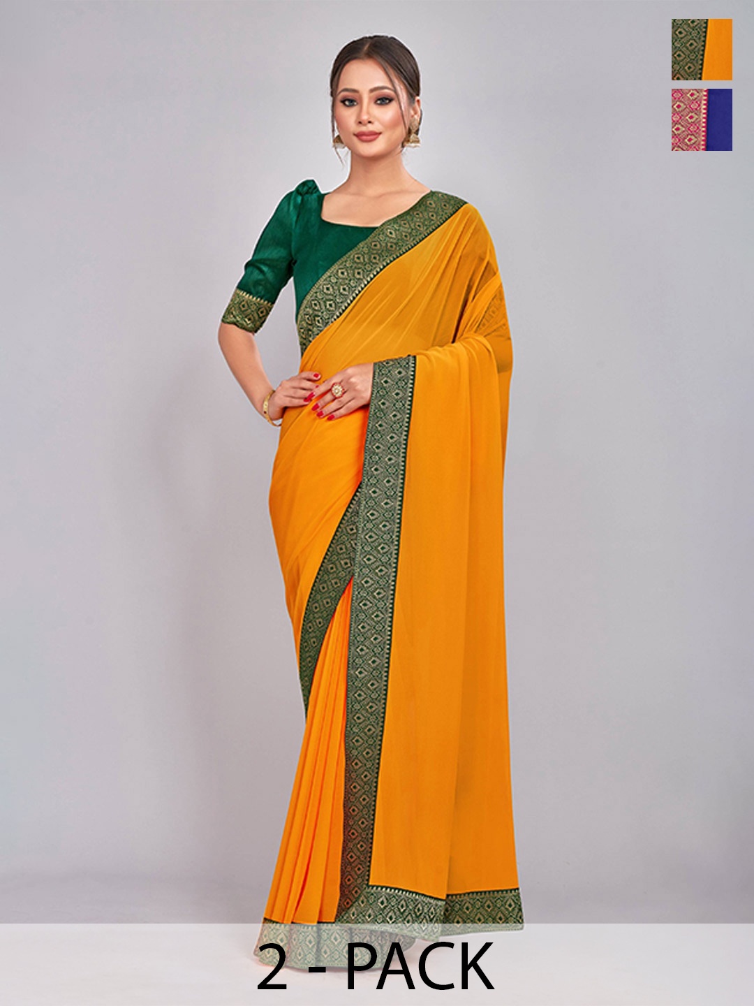 

CastilloFab Selection of 2 Pure Georgette Zari Lace Border Saree, Mustard