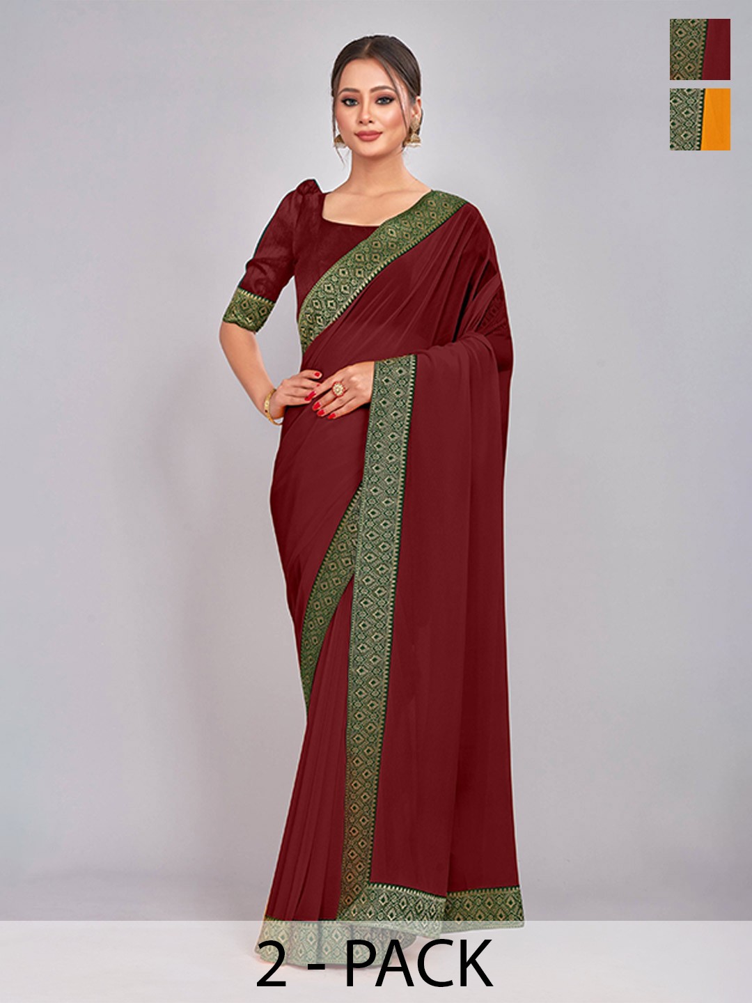 CastilloFab Selection of 2 Pure Georgette Zari Lace Border Saree, Maroon