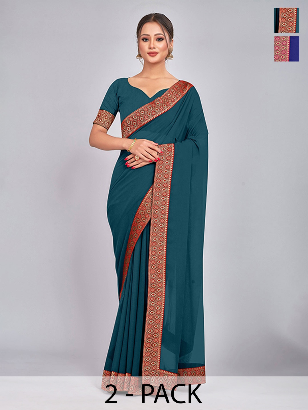 CastilloFab Selection of 2 Pure Georgette Zari Lace Border Saree, Teal