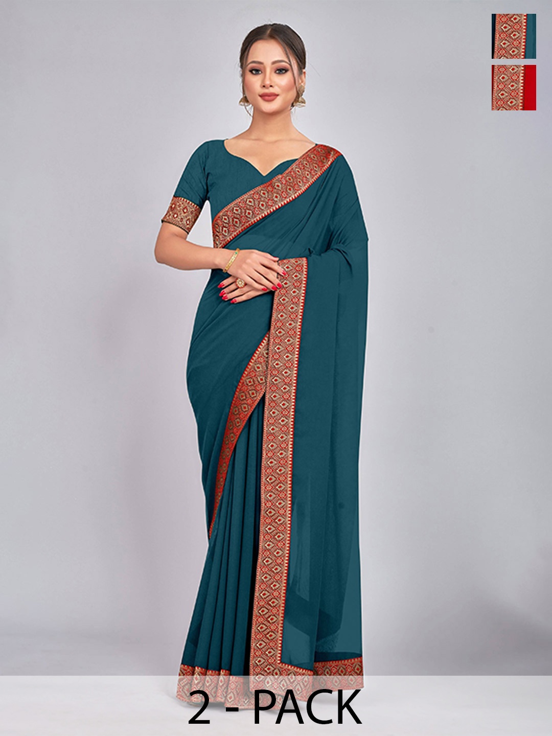 

CastilloFab Selection of 2 Pure Georgette Zari Lace Border Saree, Teal