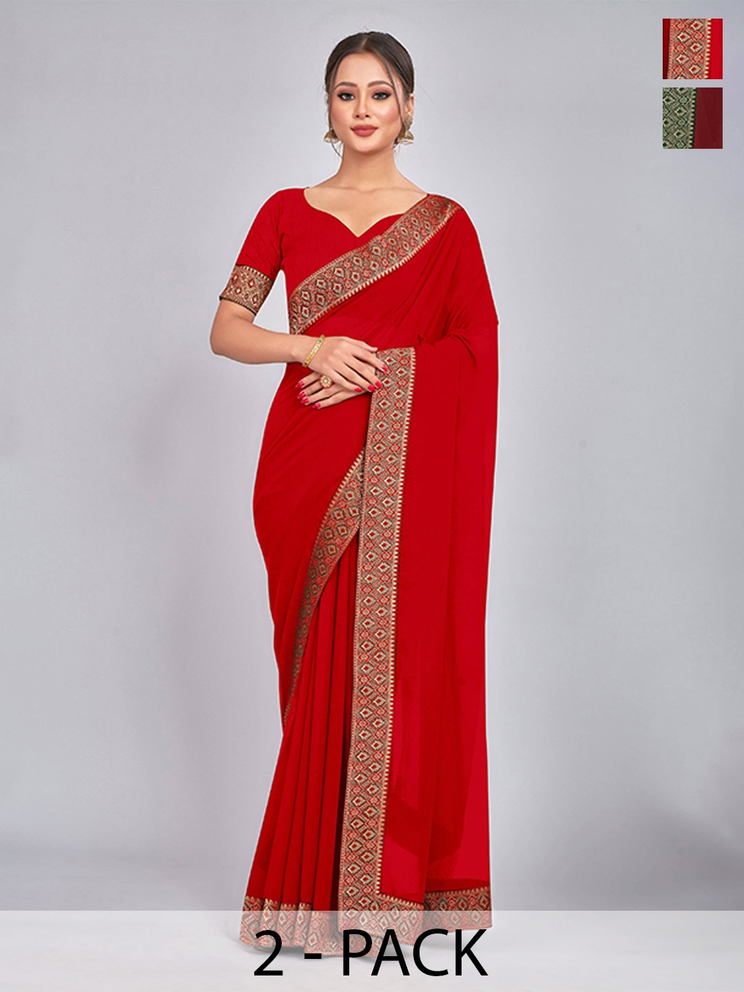 

CastilloFab Selection of 2 Pure Georgette Zari Lace Border Saree, Red