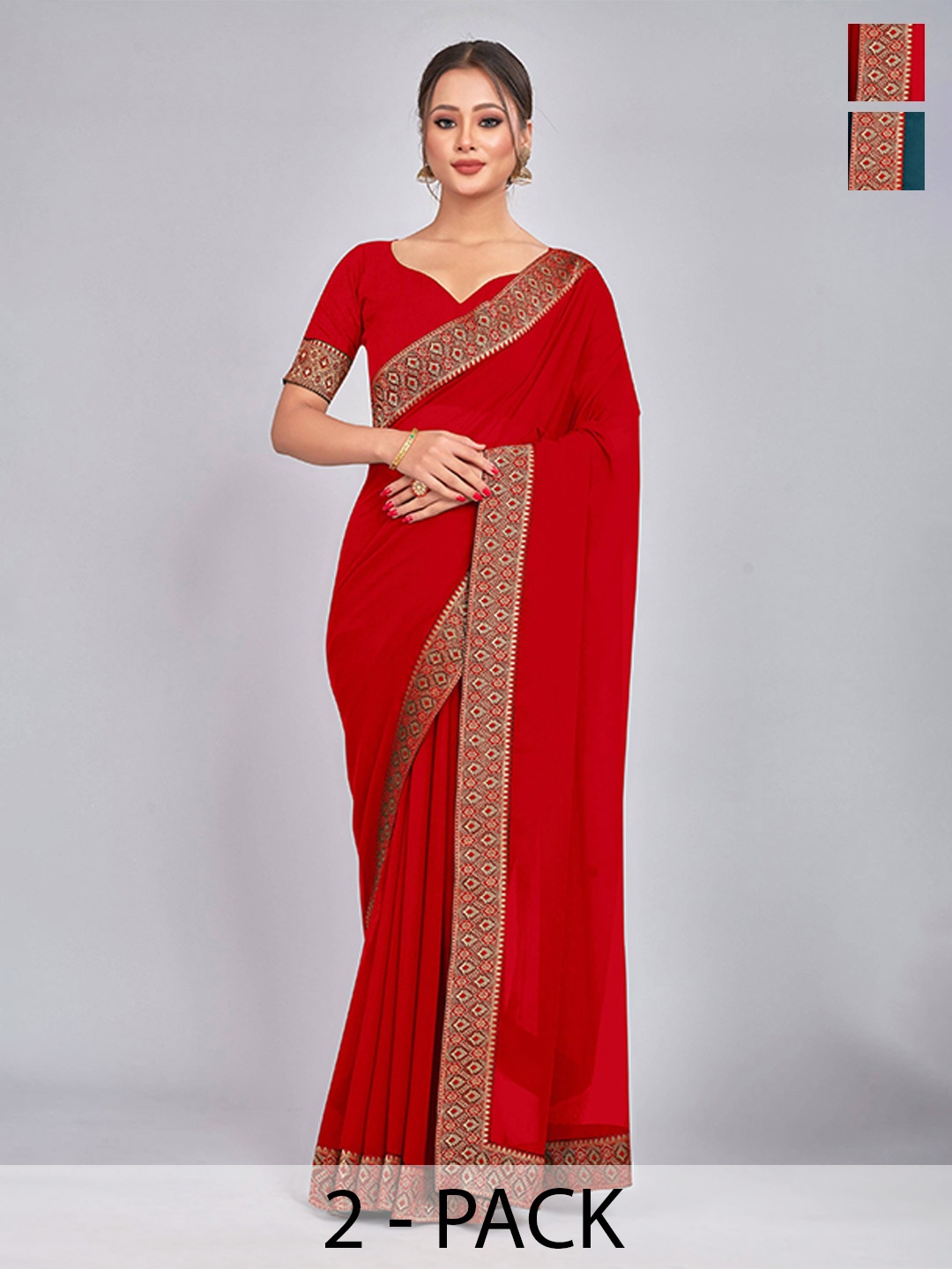 

CastilloFab Selection of 2 Pure Georgette Lace Border Saree, Red