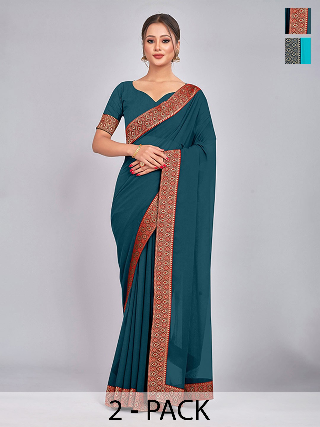 

CastilloFab Selection of 2 Pure Georgette Zari Lace Border Saree, Teal
