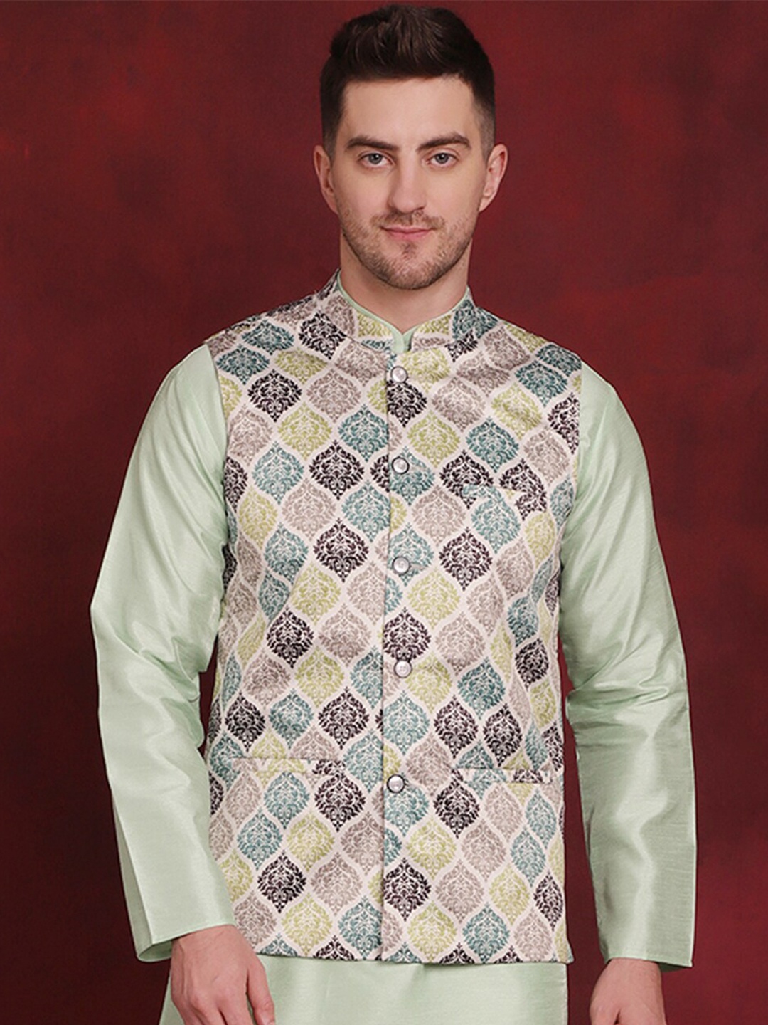 

Jompers Printed Mandarin Collar Nehru Jacket, Green