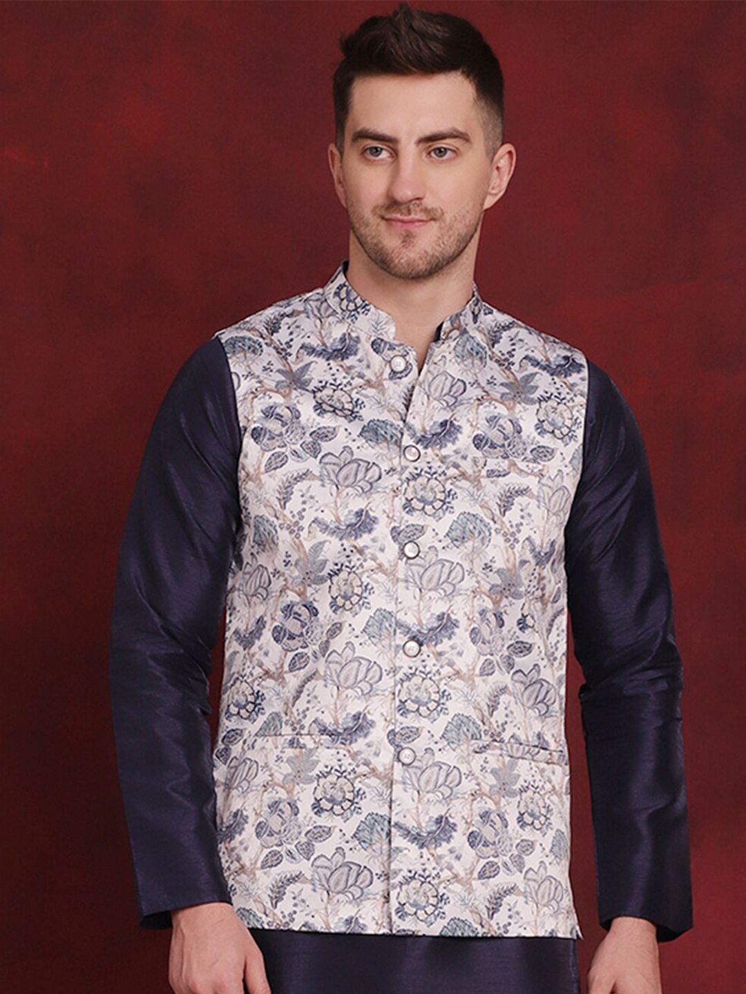 

Jompers Floral Printed Nehru Jacket, White