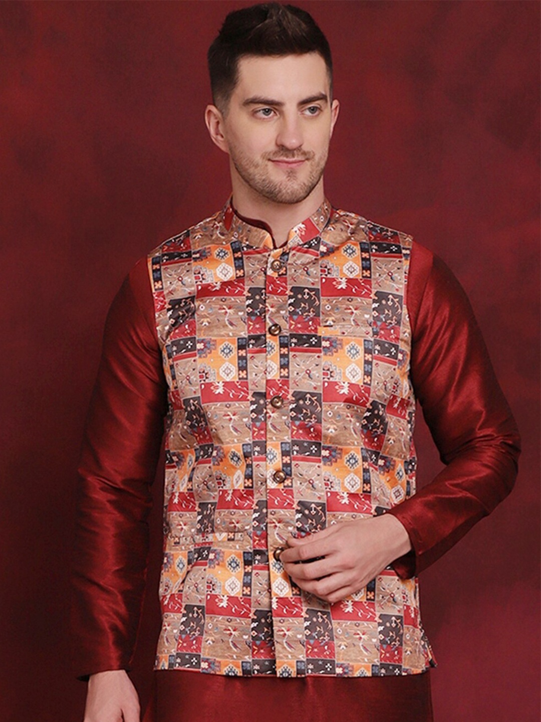 

Jompers Printed Nehru Jacket, Beige