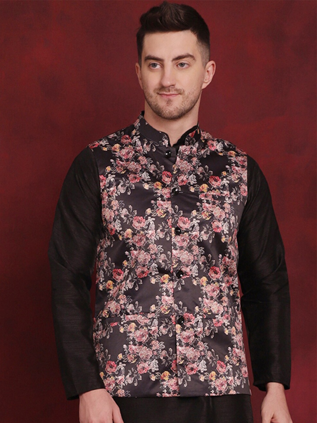 

Jompers Floral Printed Nehru Jacket., Black