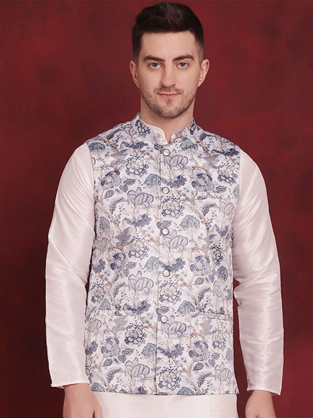 

Jompers Floral Printed Nehru Jacket, White