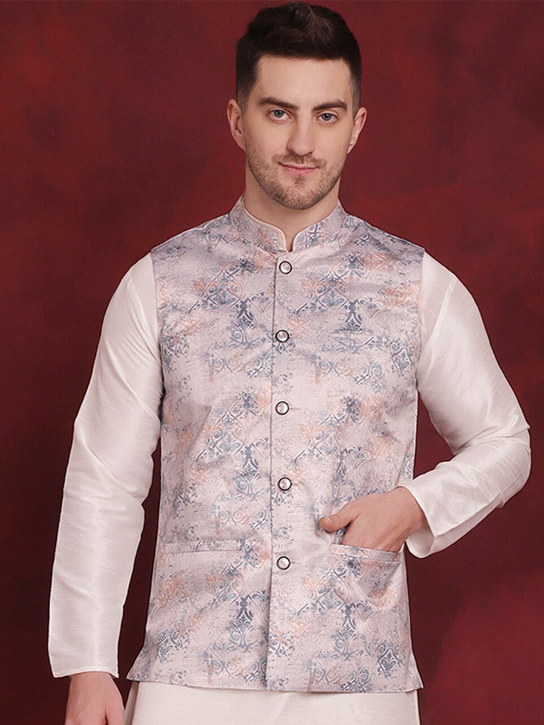 

Jompers Floral Printed Nehru Jackets, Silver