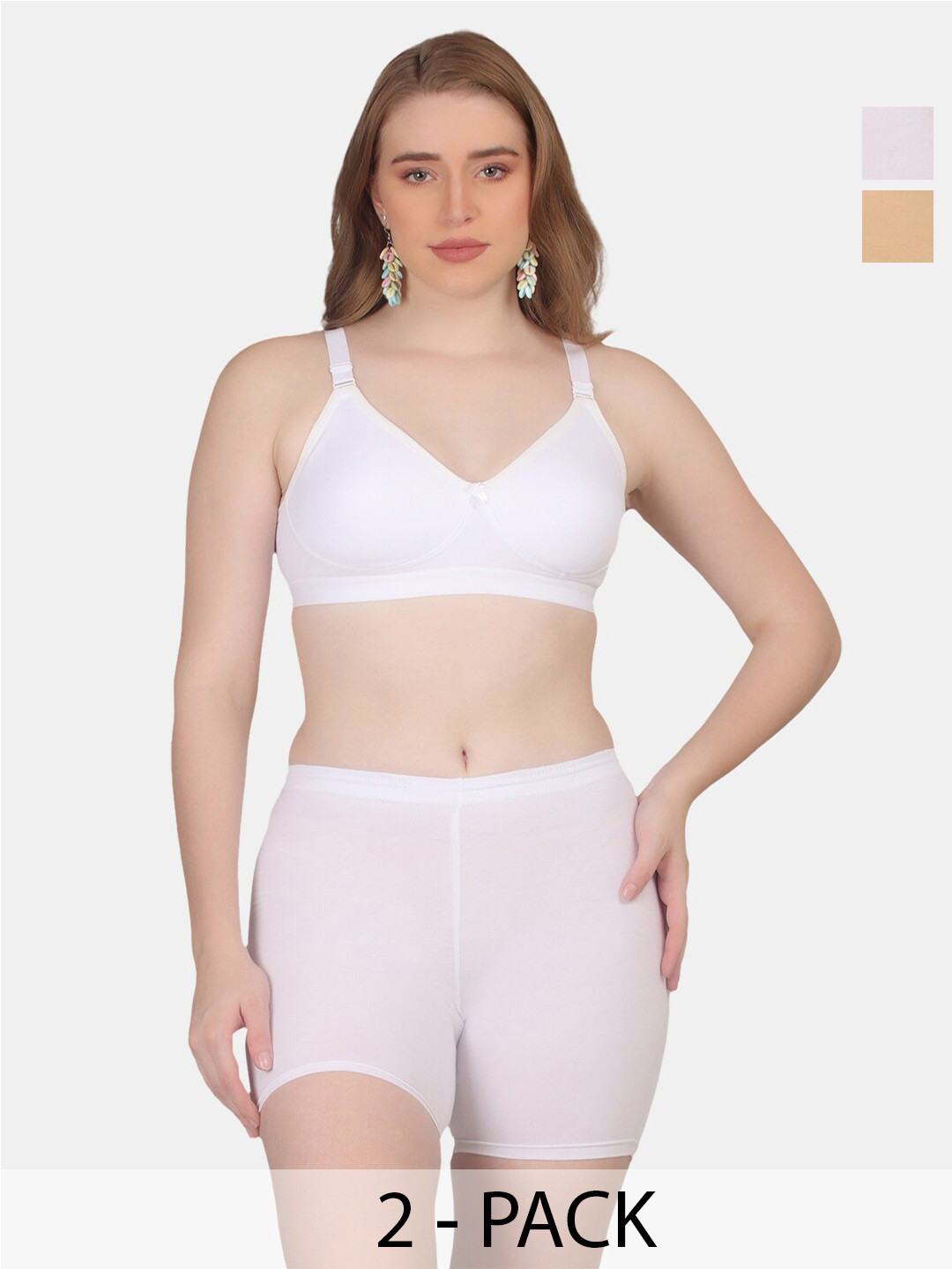 

POOJA RAGENEE Pack Of 2 Non Padded Free Wired Boy Shorts Lingerie Sets ST09_2P_WH_SK_30D, White