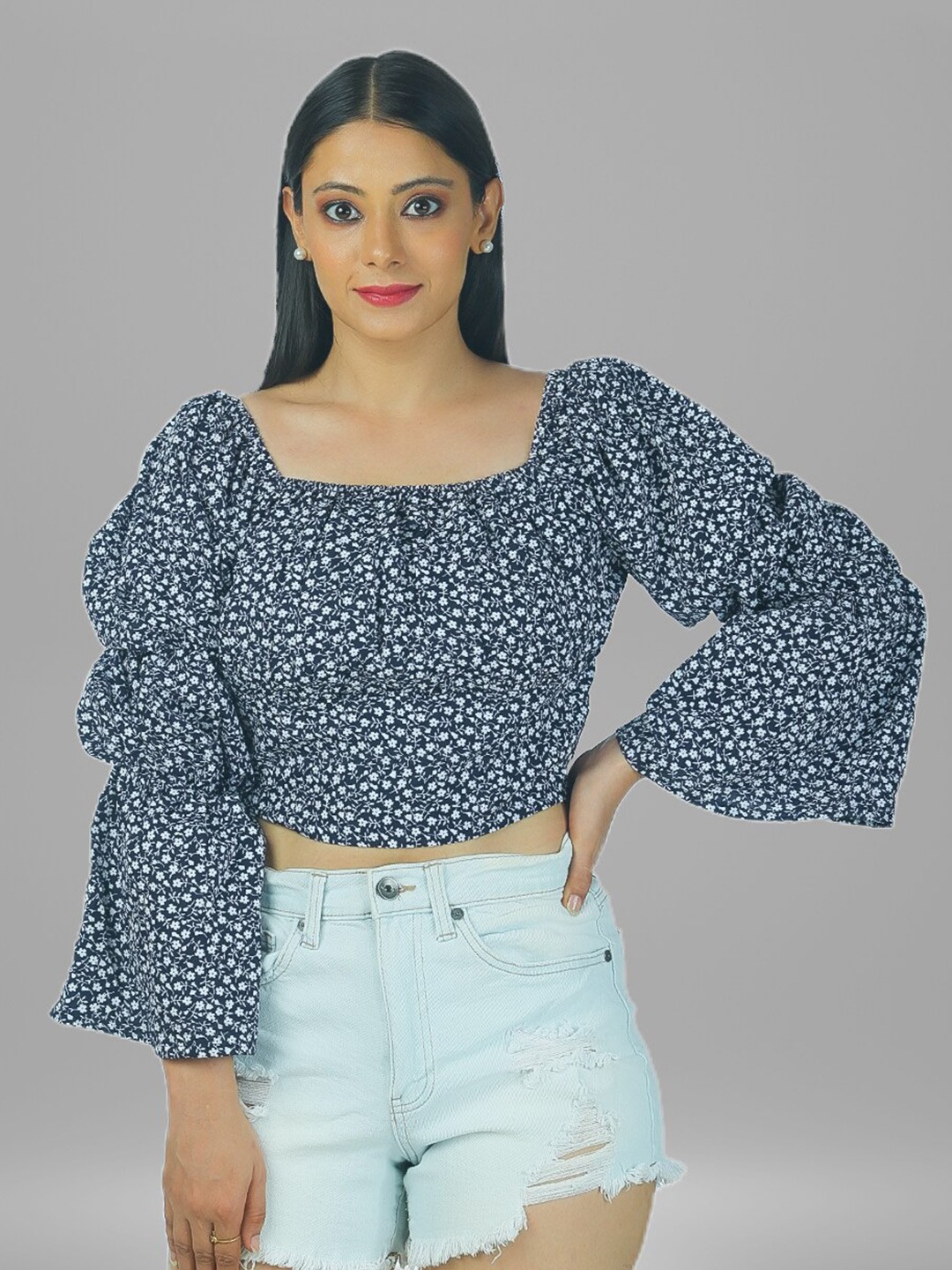 

BAESD Floral Print Crepe Square Neck Bell Sleeves Crop Top, Blue