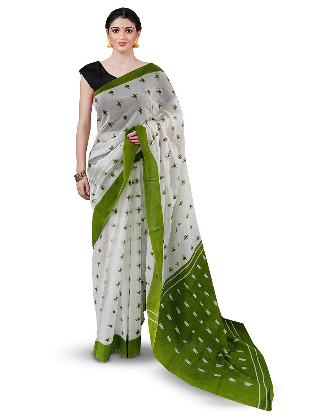 

NIKHILAM Geometric Block Print Pure Cotton Saree, Green