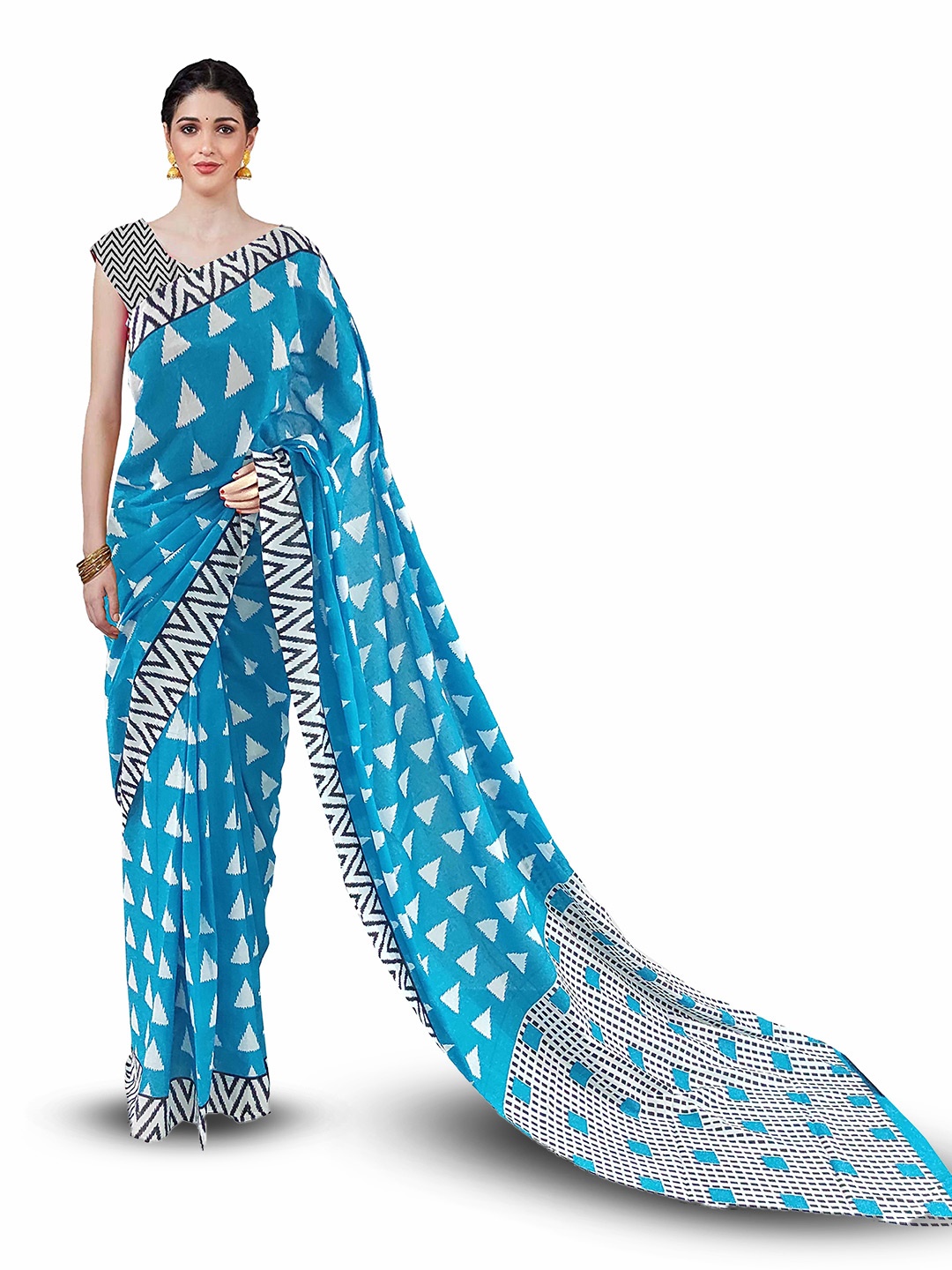 

NIKHILAM Geometric Block Print Pure Cotton Saree, Blue