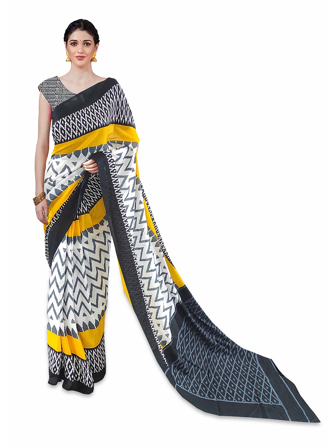 

NIKHILAM Geometric Printed Pure Cotton Saree, Grey