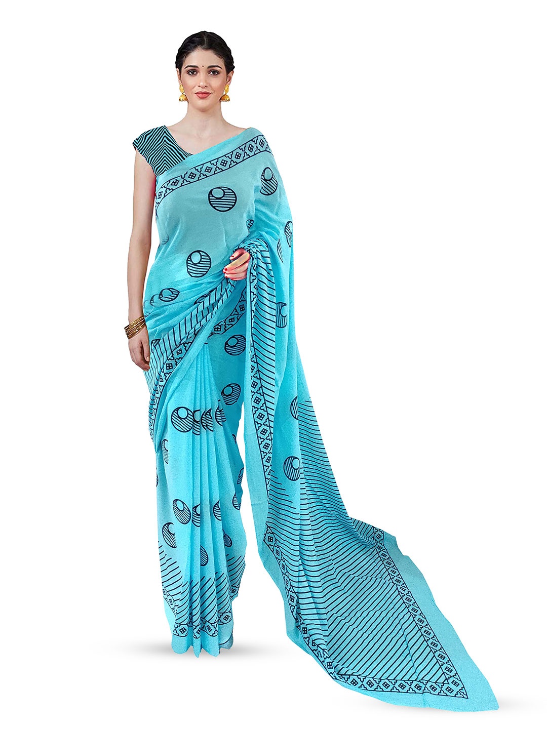 

NIKHILAM Geometric Block Print Pure Cotton Saree, Turquoise blue