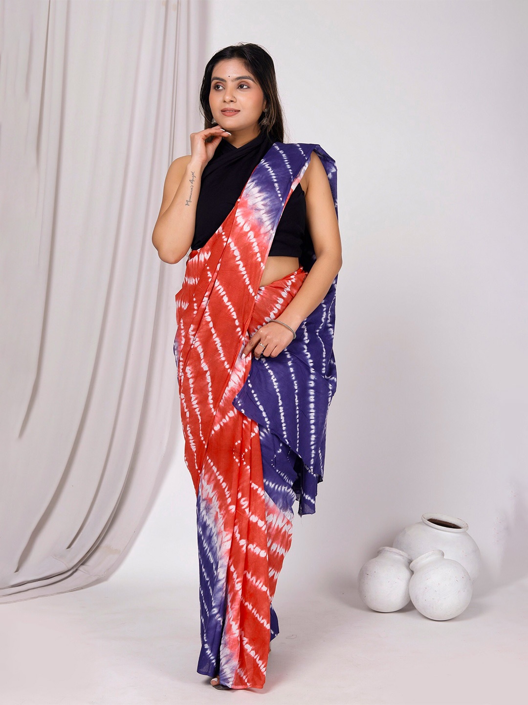 

NIKHILAM Tie & Dye Pure Cotton Leheriya Saree, Blue