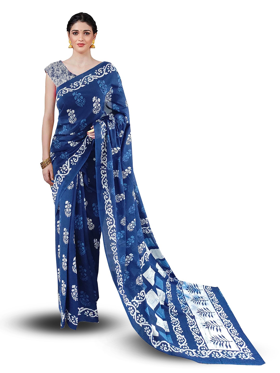 

NIKHILAM Floral Pure Cotton Designer Block Print Saree, Blue