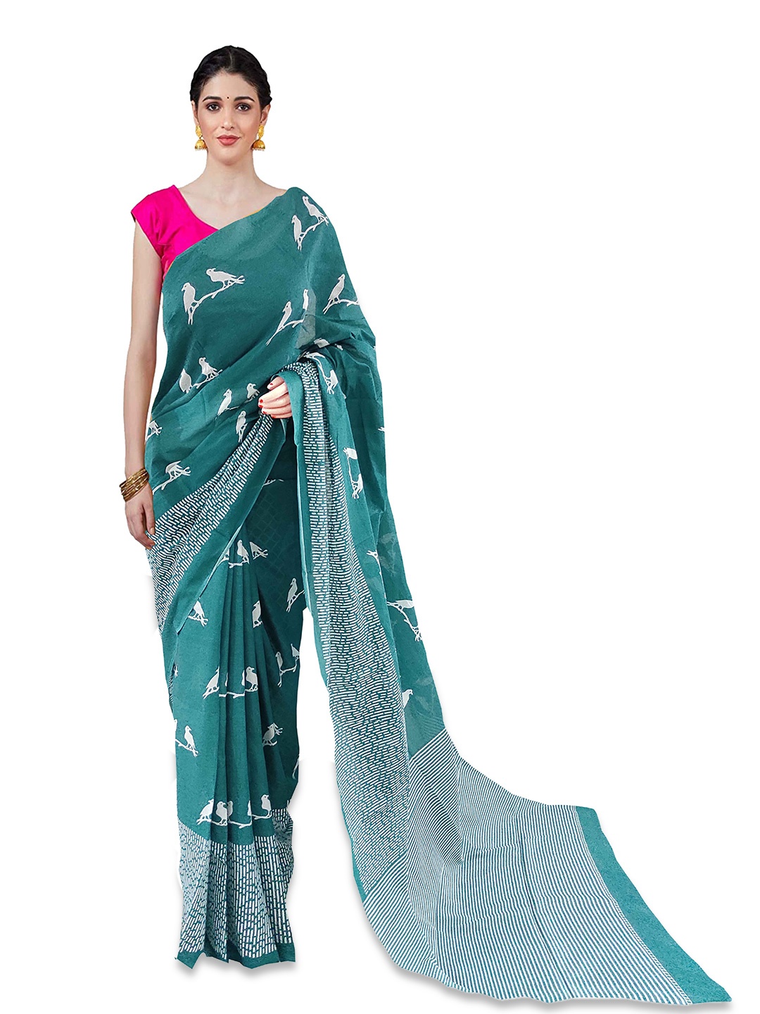 

NIKHILAM Floral Pure Cotton Designer Block Print Saree, Blue