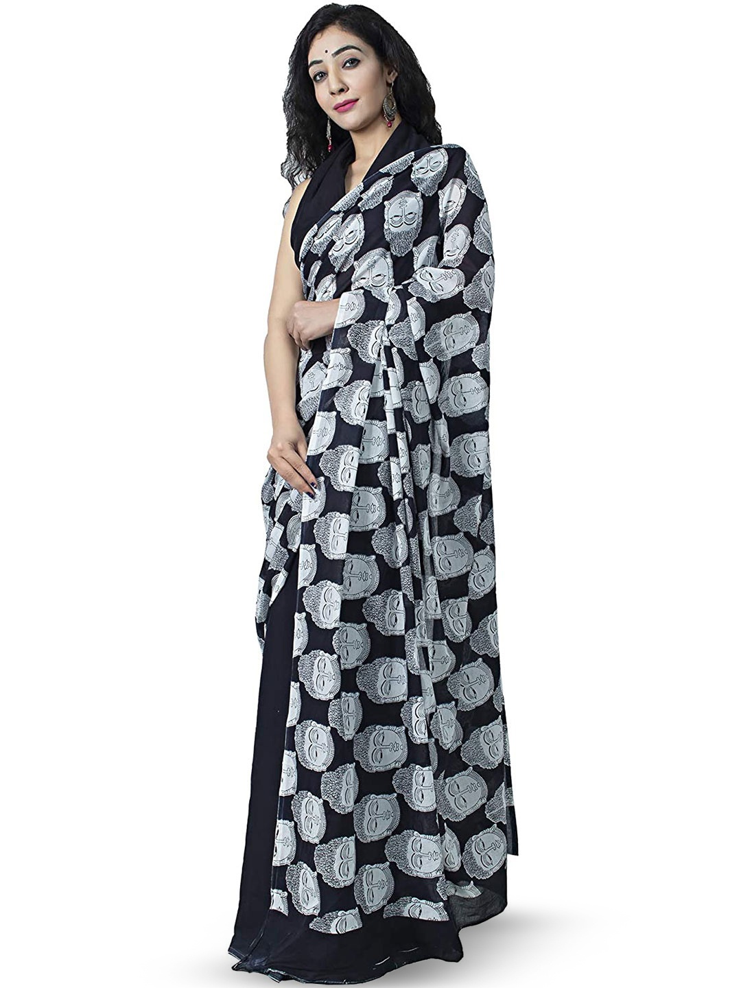 

NIKHILAM Kalamkari Pure Cotton Block Print Saree, Black