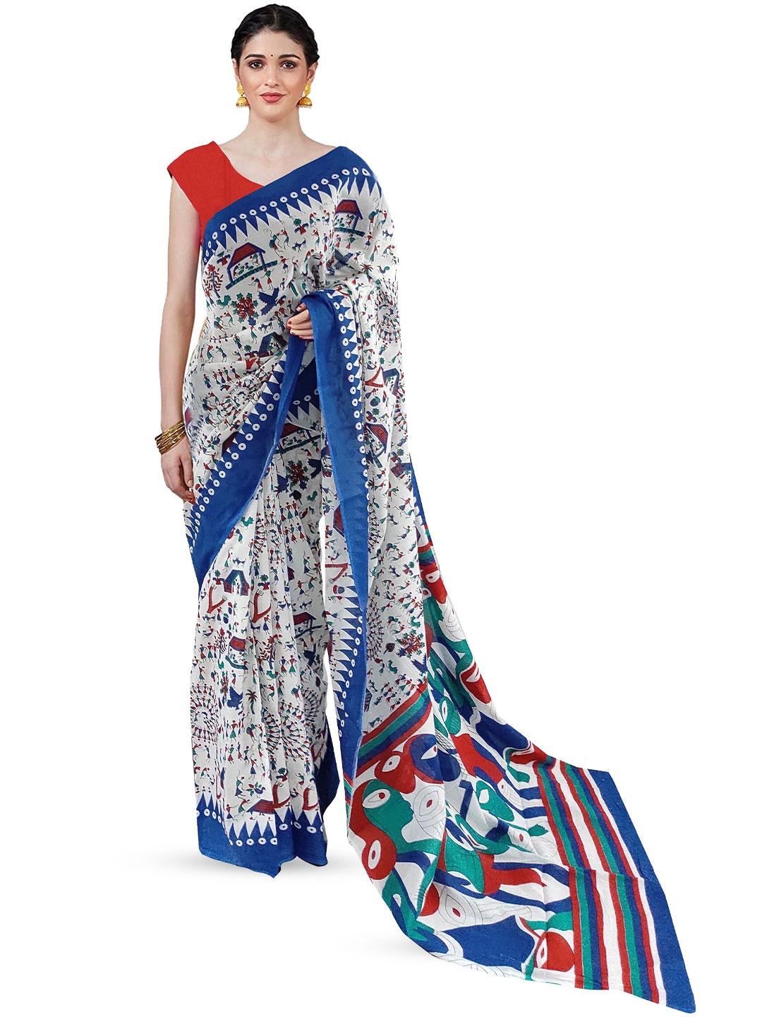 

NIKHILAM Warli Pure Cotton Designer Block Print Saree, Blue