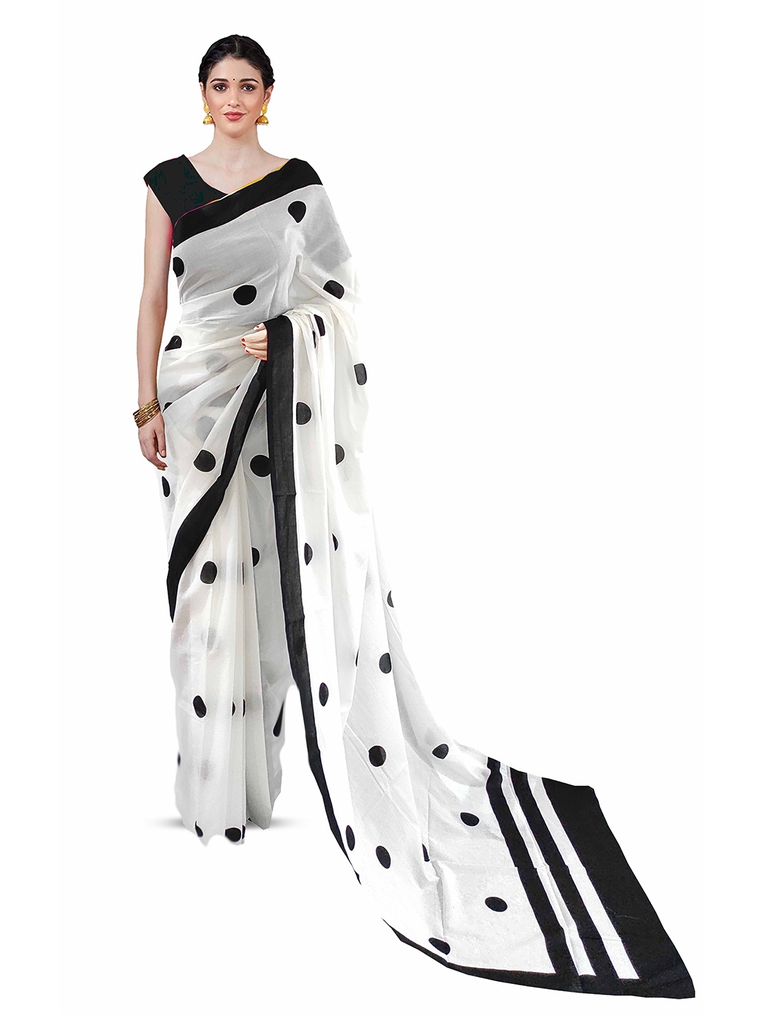 

NIKHILAM Polka Dot Pure Cotton Block Print Saree, White