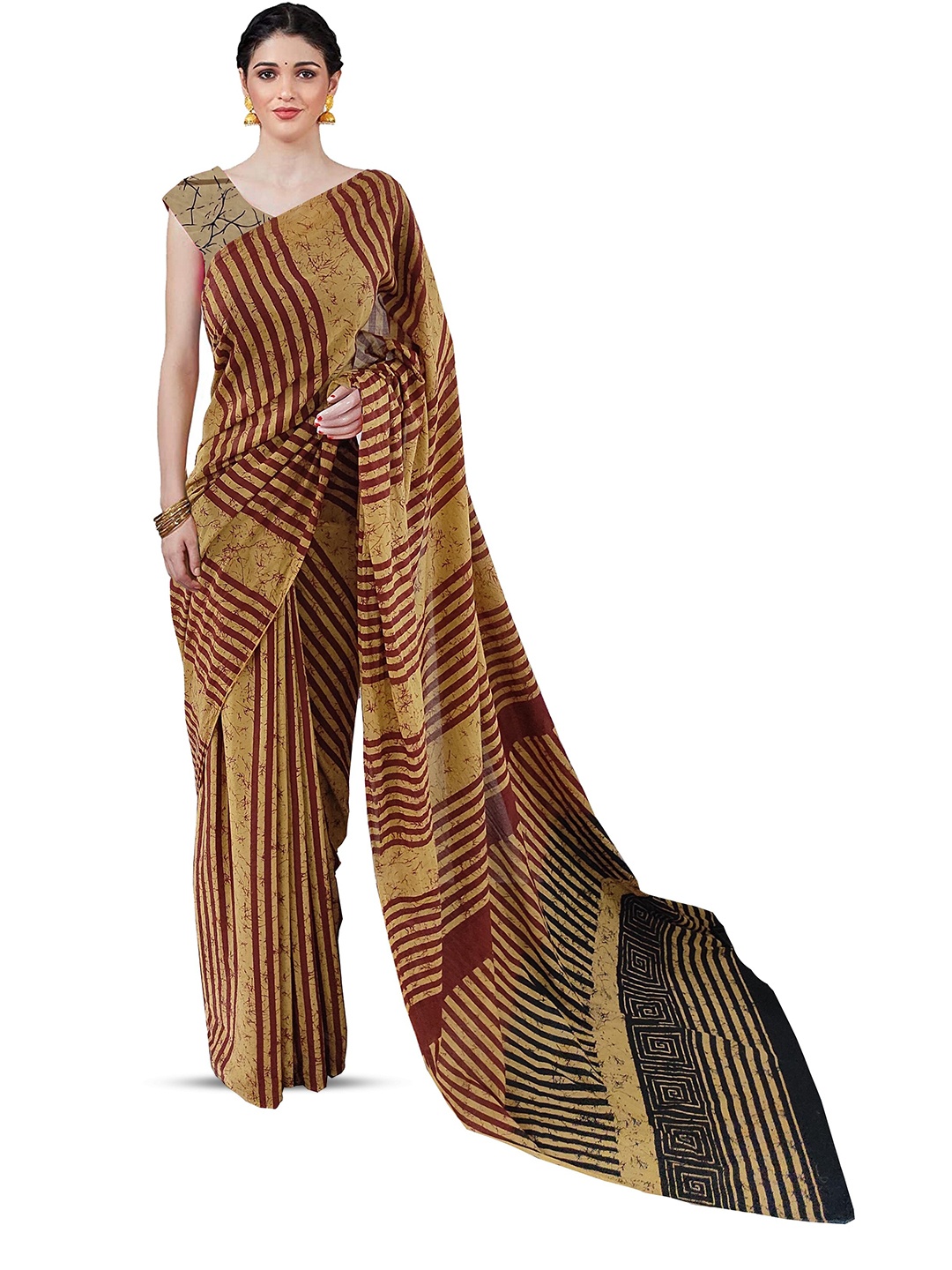 

NIKHILAM Striped Pure Cotton Designer Block Print Saree, Brown