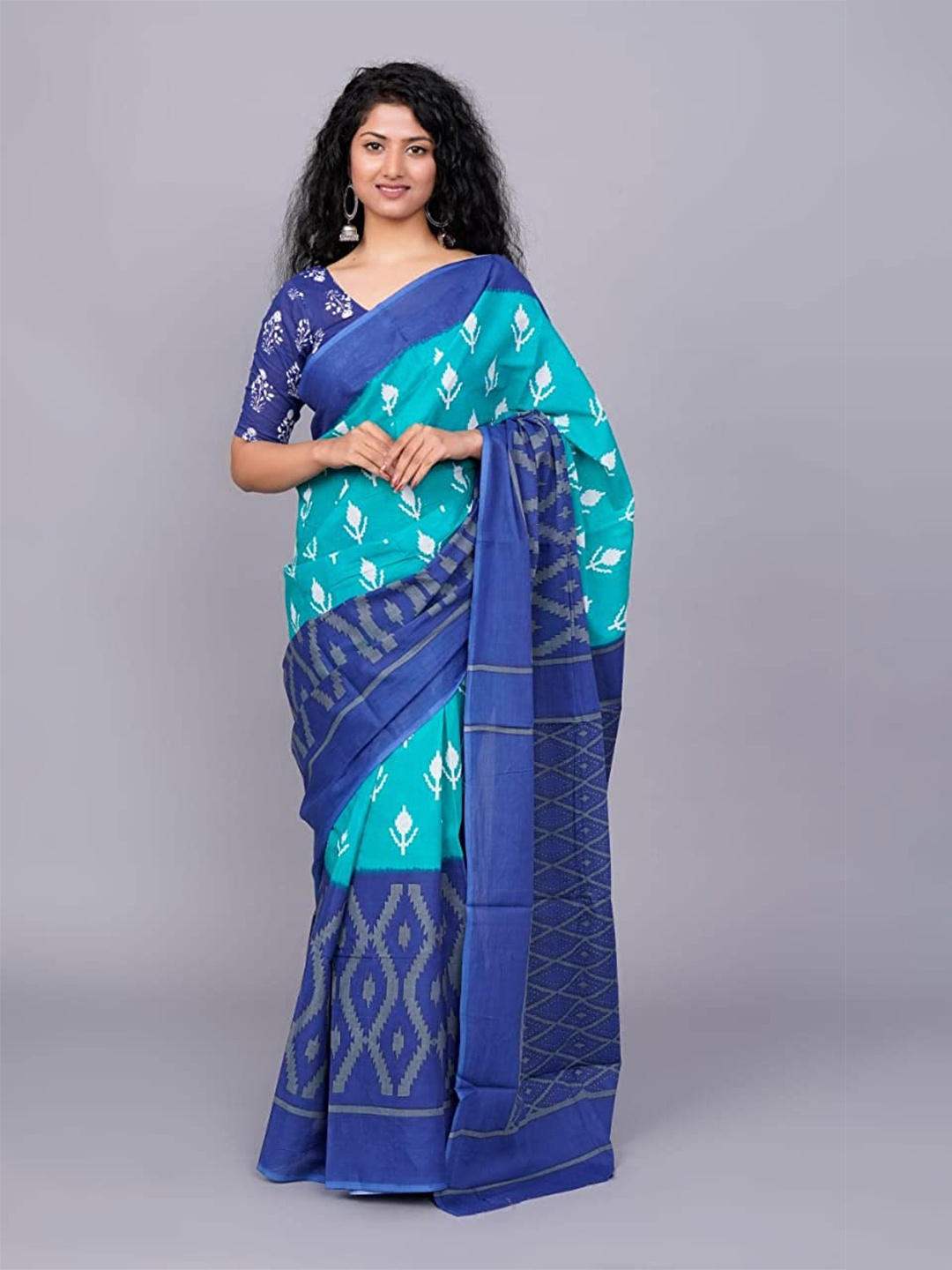 

NIKHILAM Ethnic Motifs Printed Pure Cotton Block Print Saree, Blue