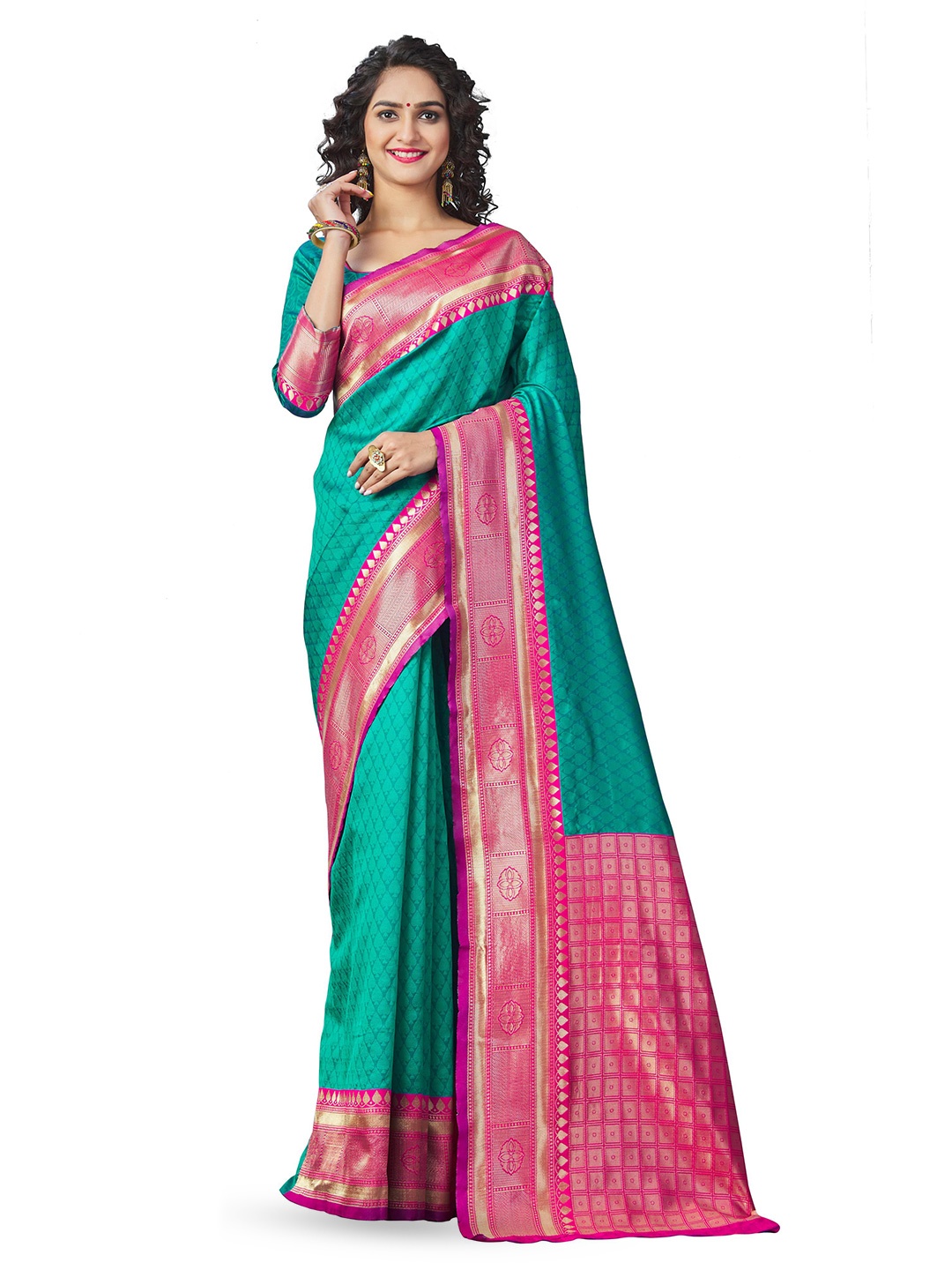 

LIMDO Teal Green Ethnic Woven Design Pure Silk Banarasi Saree