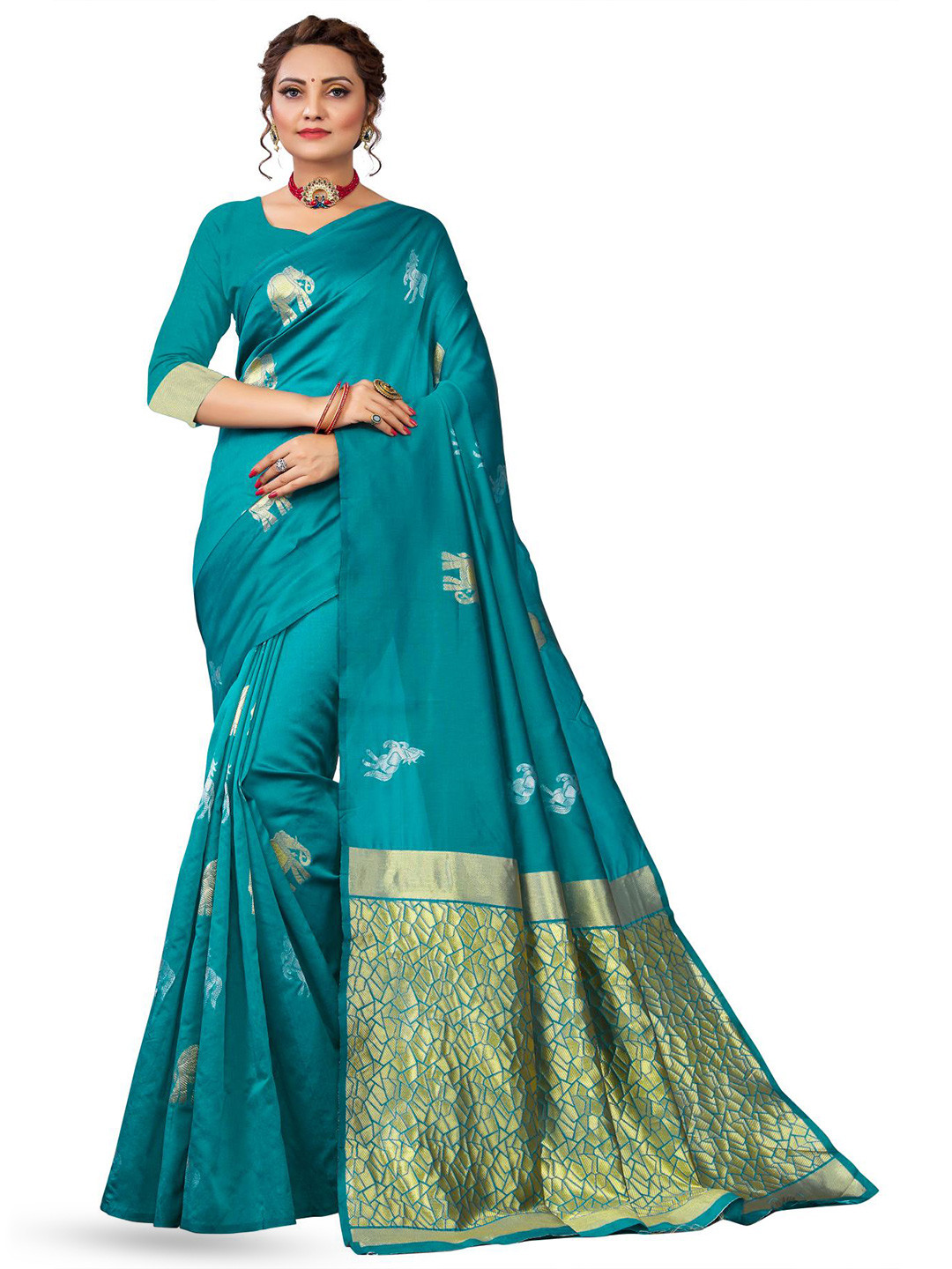 

LIMDO Sea Green Ethnic Woven Design Pure Silk Banarasi Saree