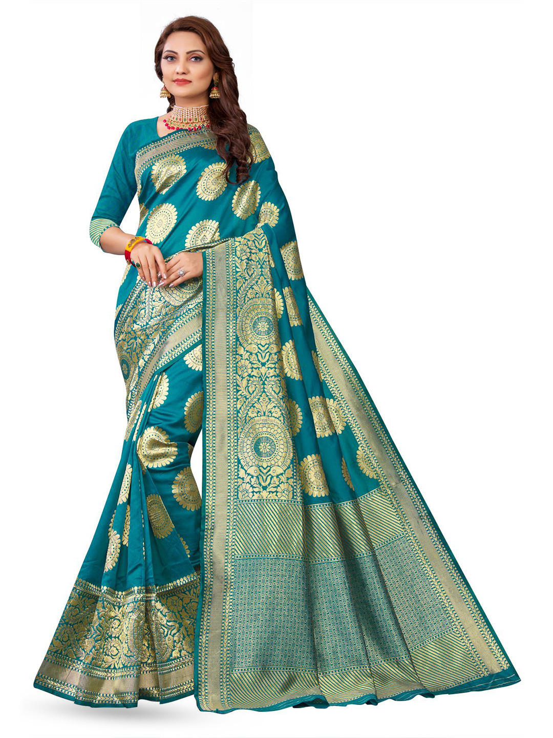 

LIMDO Sea Green Ethnic Woven Design Pure Silk Banarasi Saree