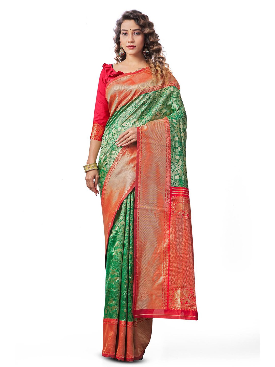 

LIMDO Green Ethnic Woven Design Pure Silk Banarasi Saree