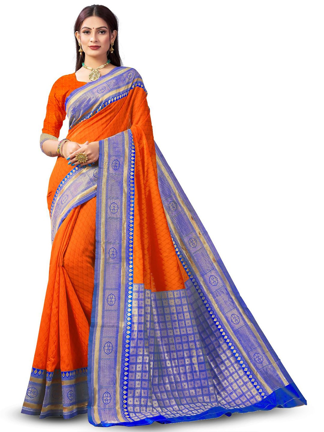 

LIMDO Orange and Blue Ethnic Woven Design Pure Silk Banarasi Saree