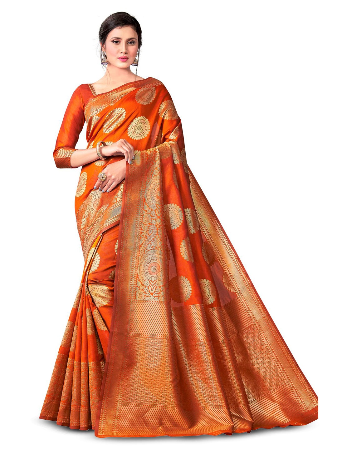 

LIMDO Orange and GoldToned Ethnic Woven Design Pure Silk Banarasi Saree