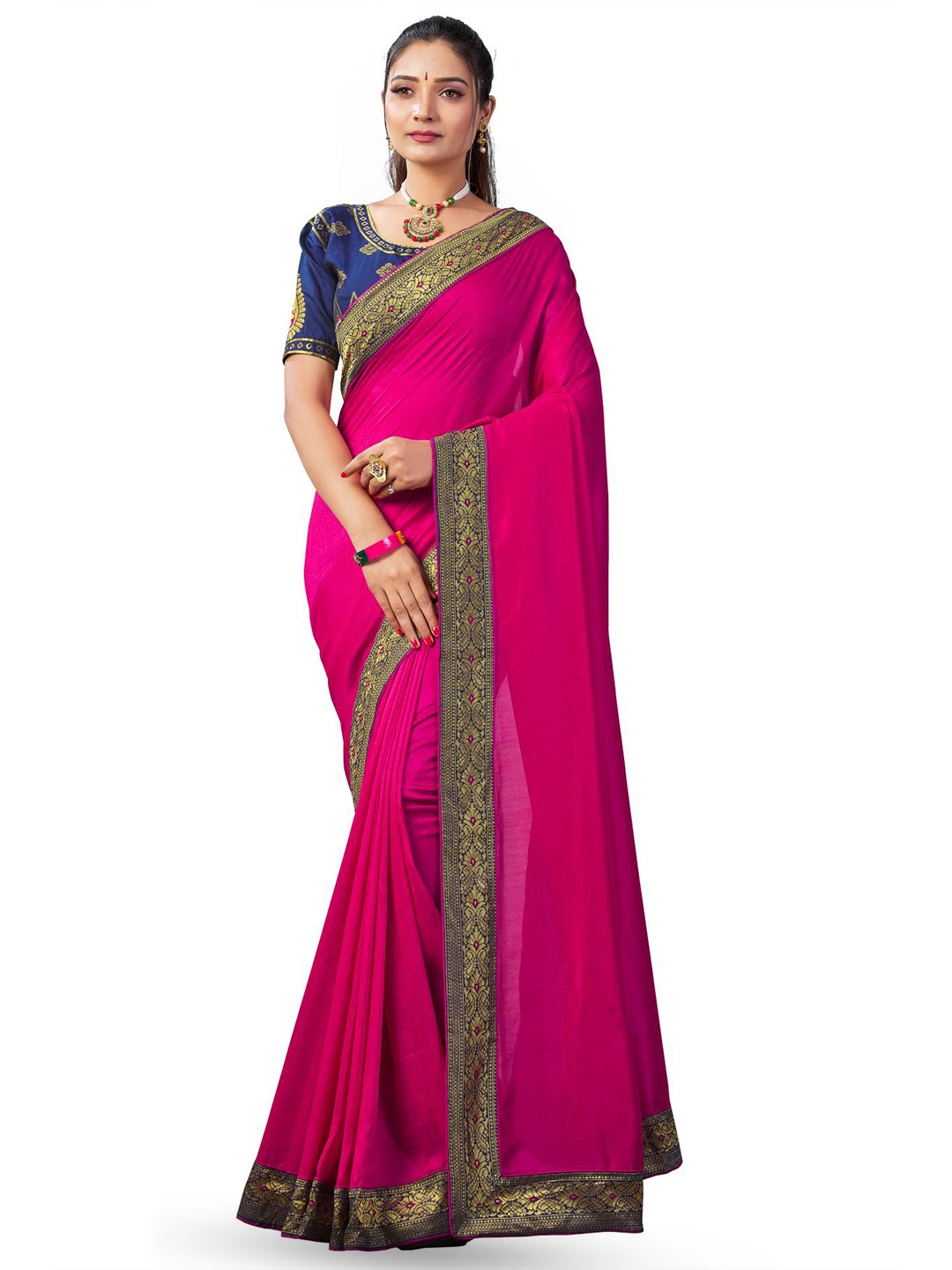 

LIMDO Pink and Blue Ethnic Woven Design Pure Silk Banarasi Saree