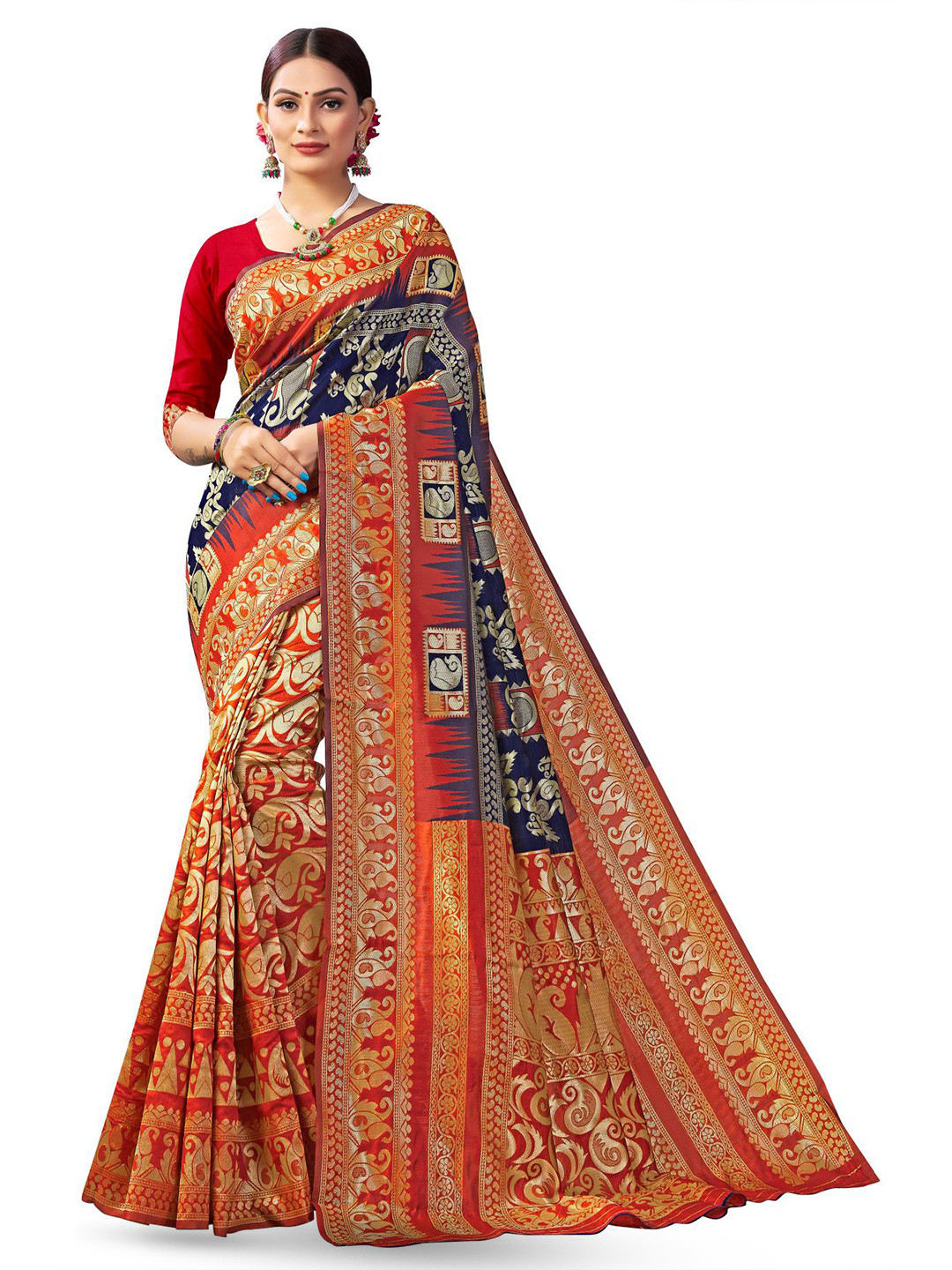 

LIMDO Navy Blue and Red Ethnic Woven Design Pure Silk Banarasi Saree