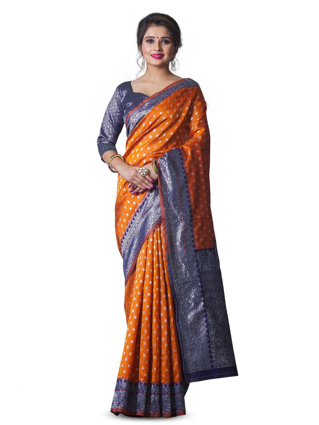 

LIMDO Orange and Navy Blue Ethnic Woven Design Pure Silk Banarasi Saree