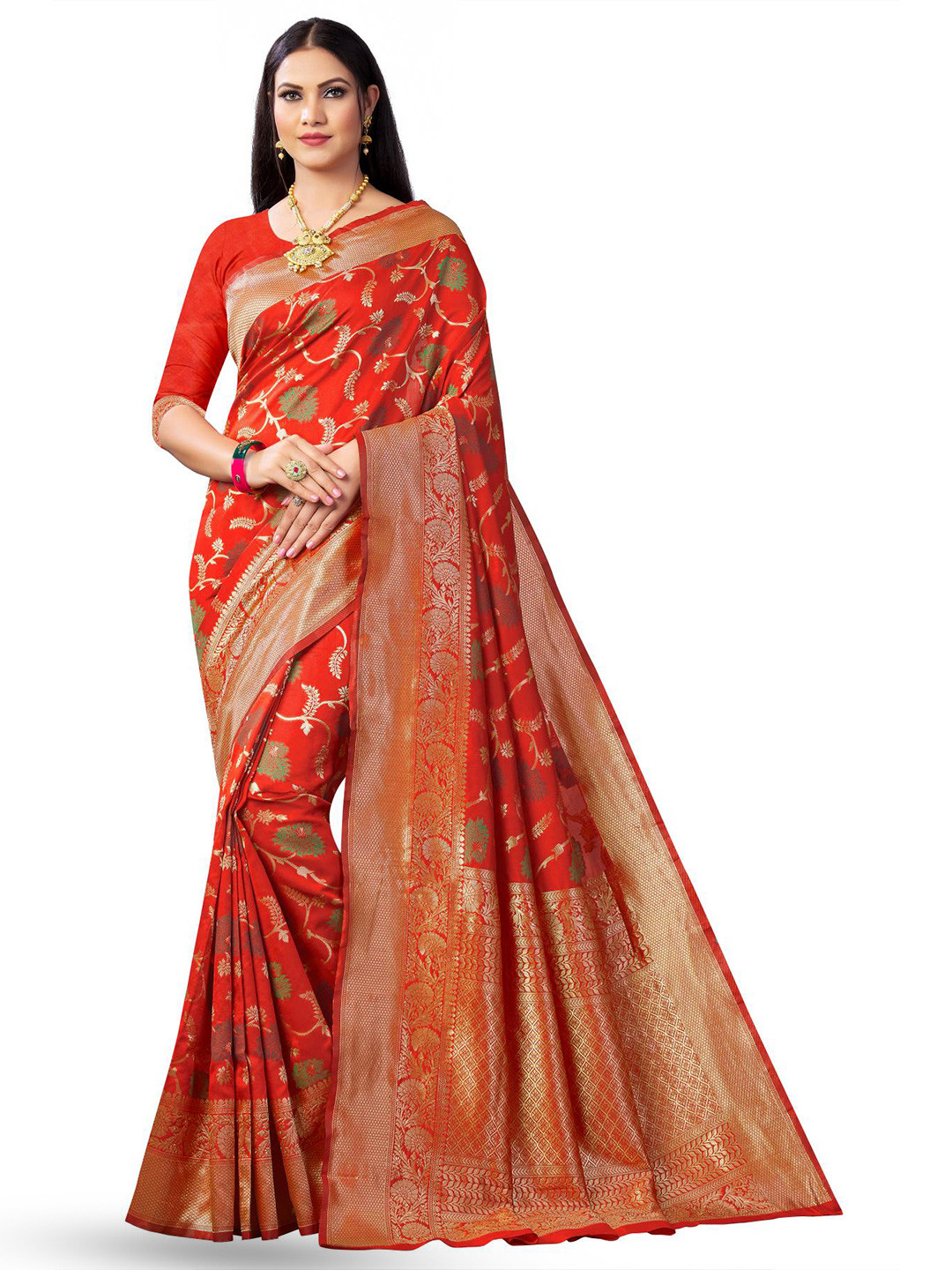 

LIMDO Floral Woven Design Pure Silk Zari Banarasi Saree, Red