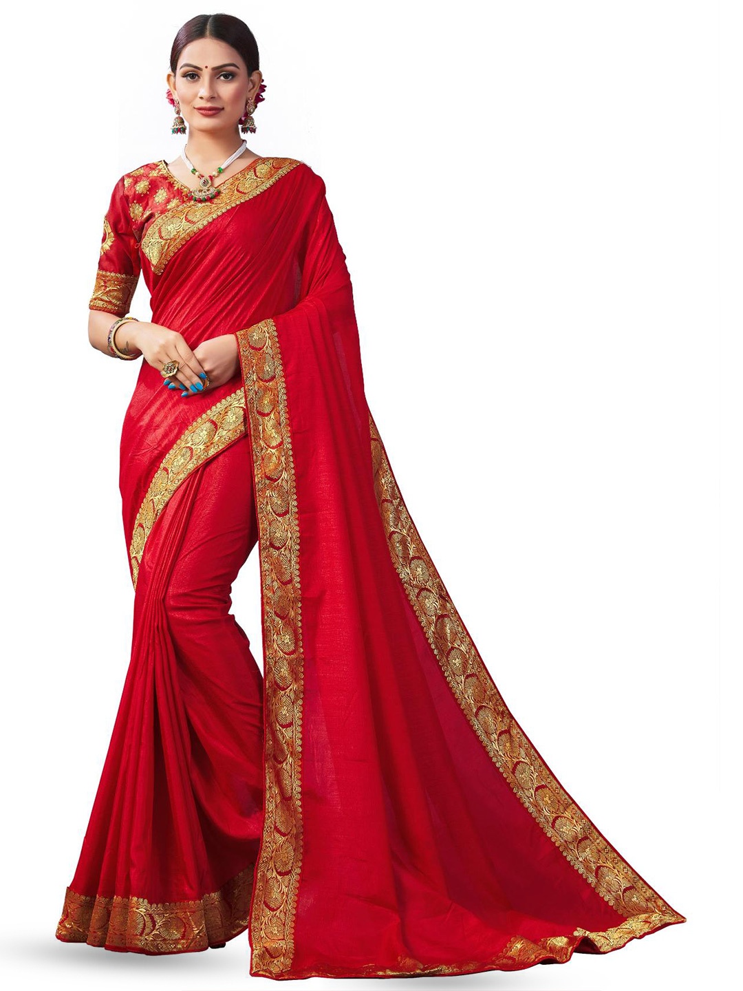 

LIMDO Woven Design Pure Silk Zari Banarasi Saree, Red