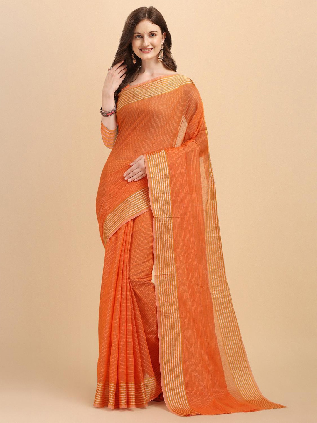 

LIMDO Striped Zari Pure Silk Banarasi Saree, Orange