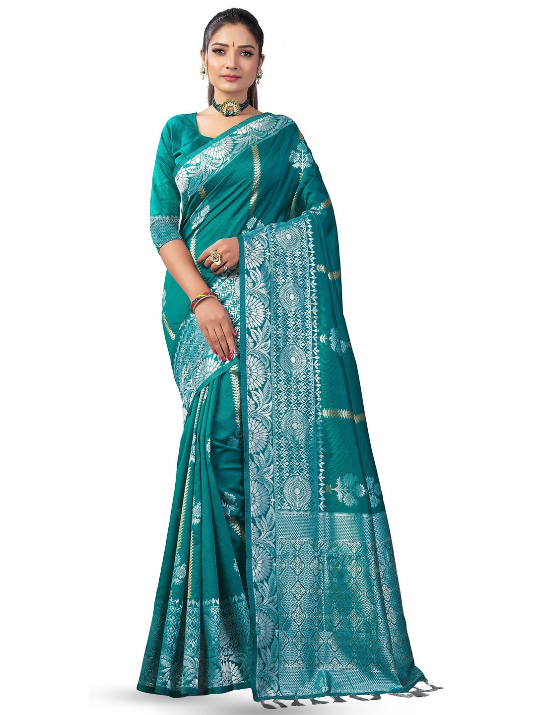 

LIMDO Ethnic Motifs Woven Design Pure Silk Zari Banarasi Saree, Teal