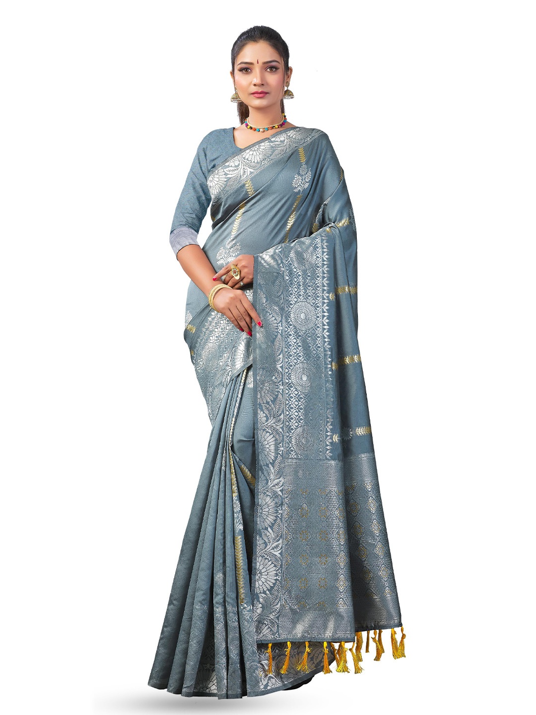 

LIMDO Floral Woven Design Zari Pure Silk Banarasi Saree, Grey